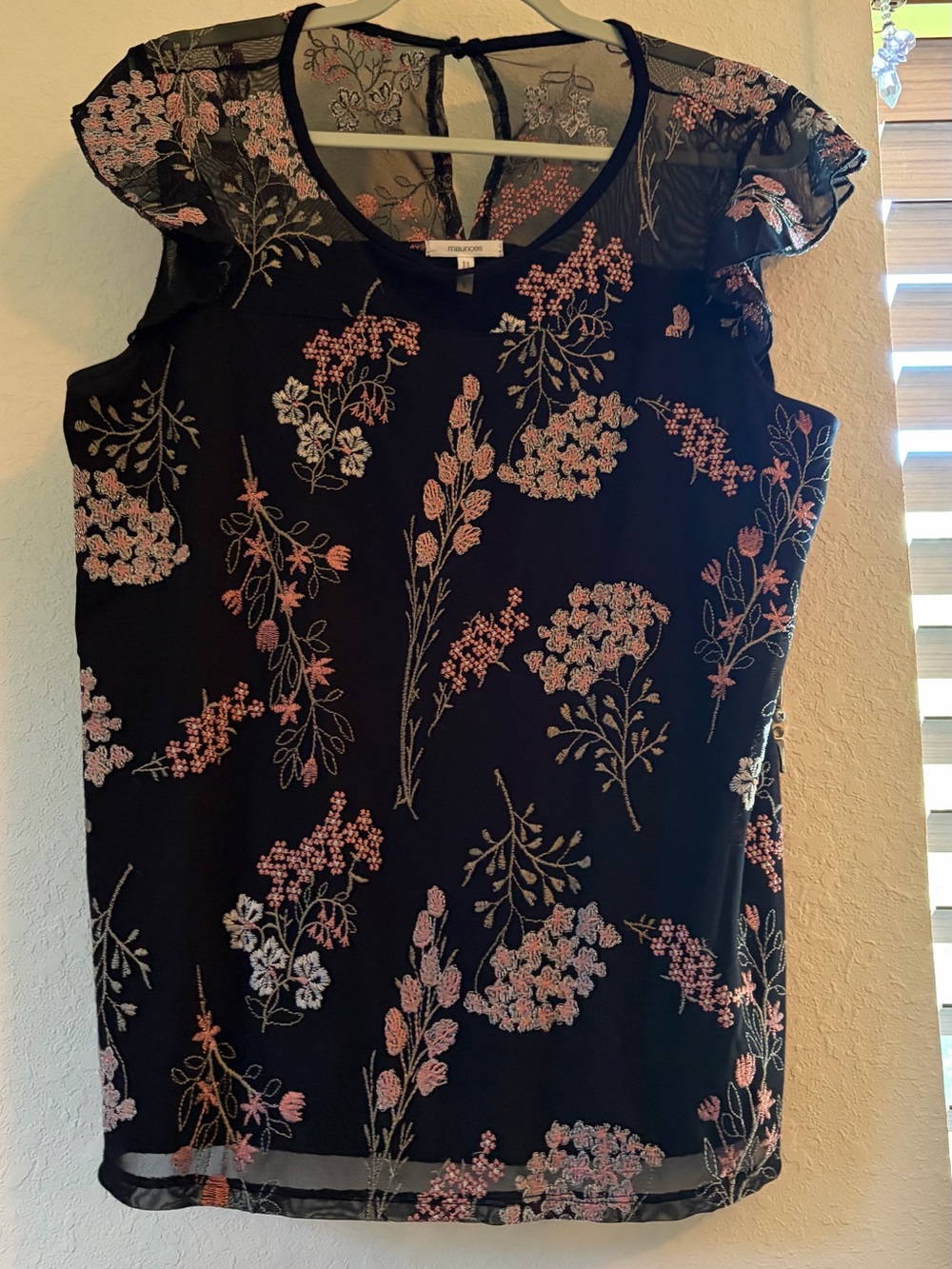 Floral Embroidered Black Sheer Yoke Blouse